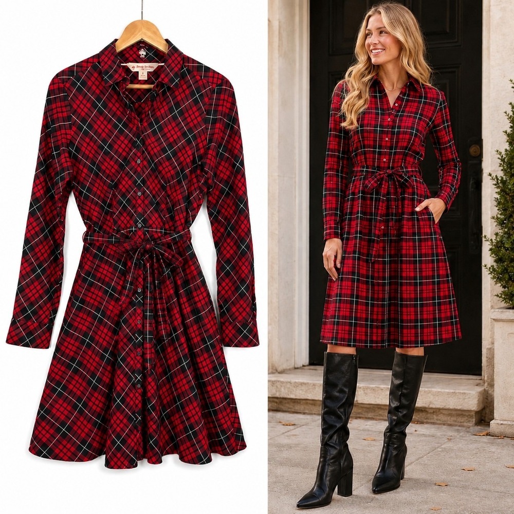 Brooks Brothers Plaid Shirt Dress 8 Red Black Tartan Preppy Academia Midi - Picture 1 of 9